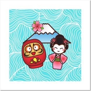 Lucky Daruma, Geisha and mount Fuji Cute Kawaii Japanese Design Posters and Art